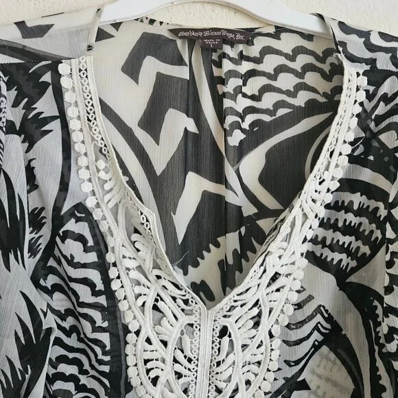 Boho Gawzy Beachy Crochet Vneck black white Flowy Sleeve Sheer Tunic Top L - Picture 3 of 9